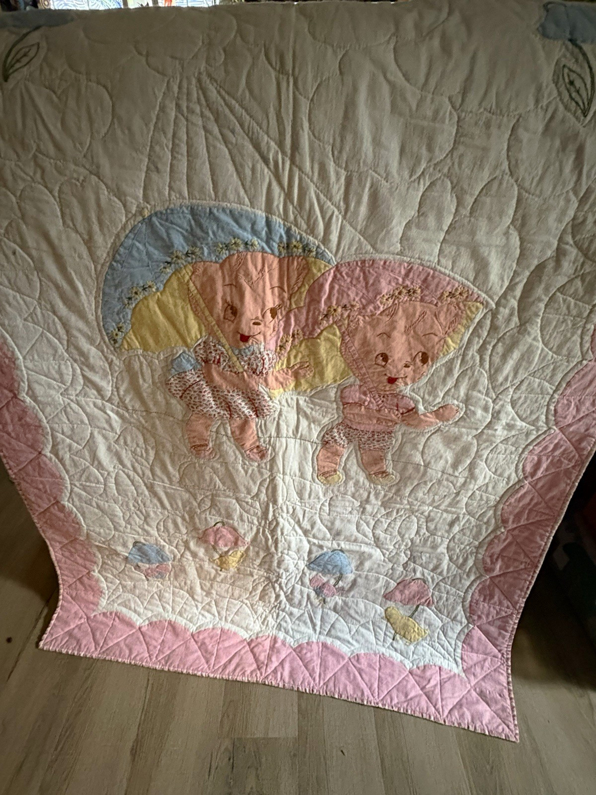 Vintage hand-quilted Kitch child’s crib quilt bears and dresses umbrellas rain Vintage hand-quilted Kitch child’s crib quilt bears and dresses umbrellas rain