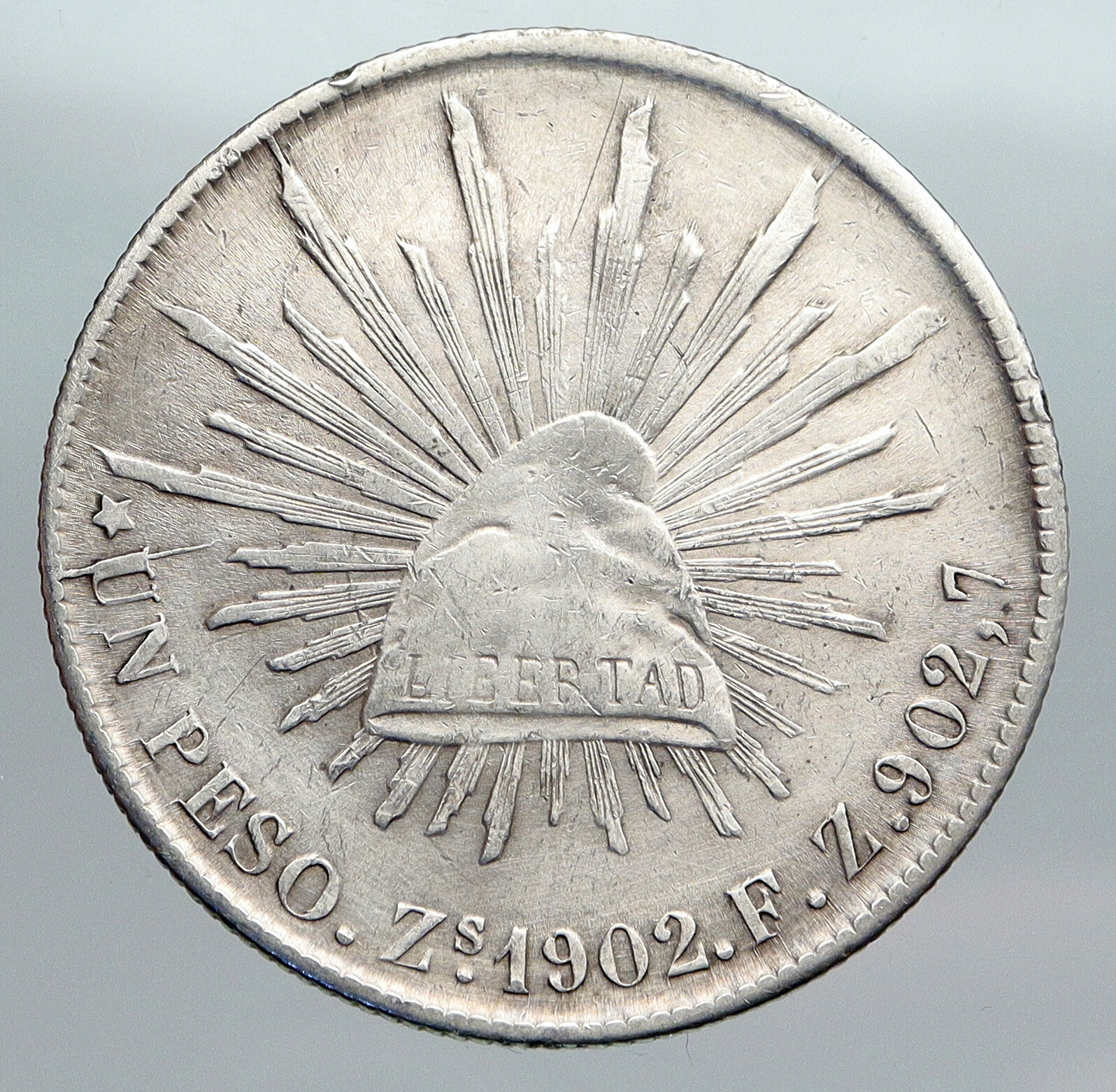 1902 Zs FZ MEXICO Large Eagle Sun Antique Mexican OLD Silver Peso Coin i90437