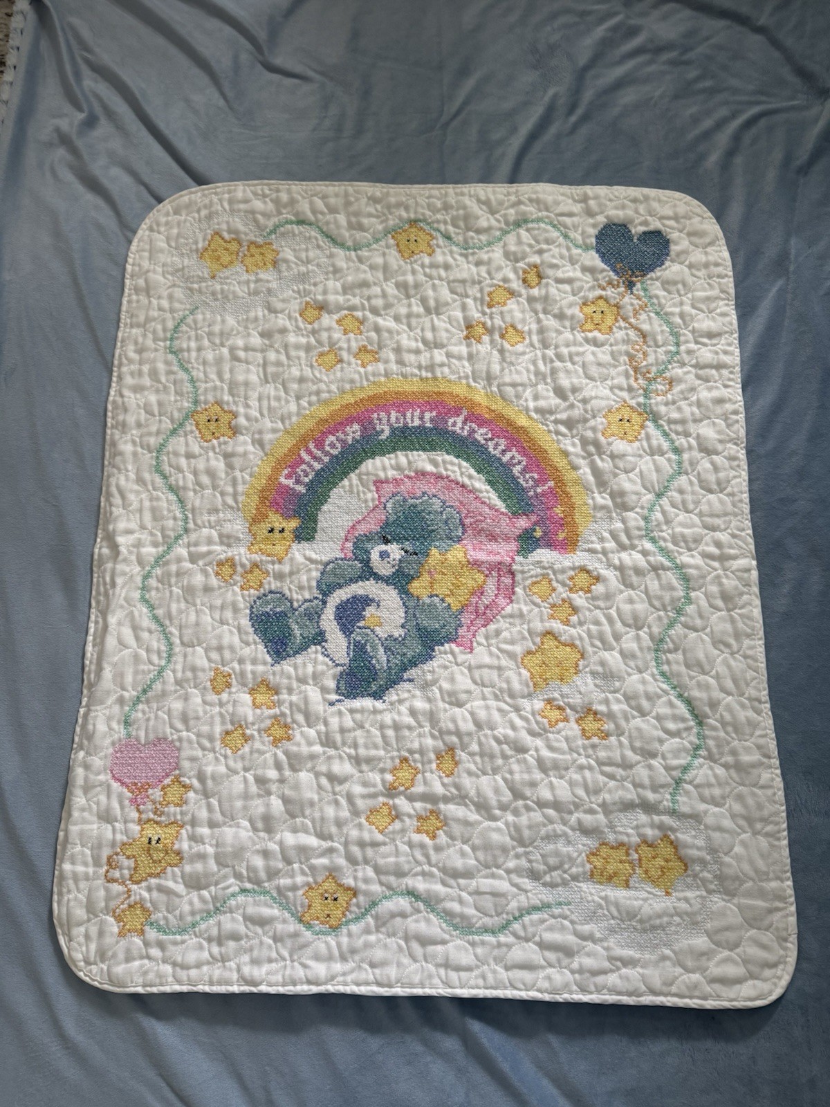 Vintage 2004 Care Bears Bedtime Bear Cross Stitch Baby Quilt Handmade 31x38”
