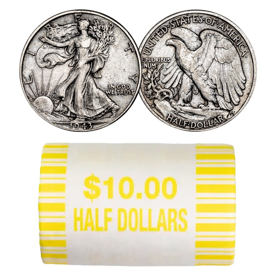 90% Silver Walking Liberty Halves $10 20-Coin Roll (XF)