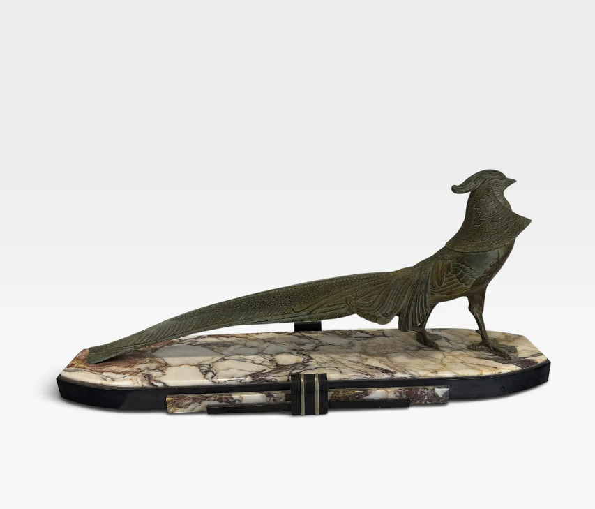 Large French Art Deco Bronze Pheasant Sculpture Signed Dalbret Onyx Base