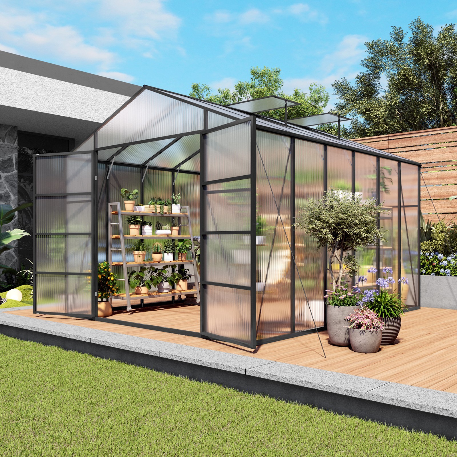 10x12 FT Polycarbonate Greenhouse Walk-in Outdoor Greenhouse with Aluminum Frame