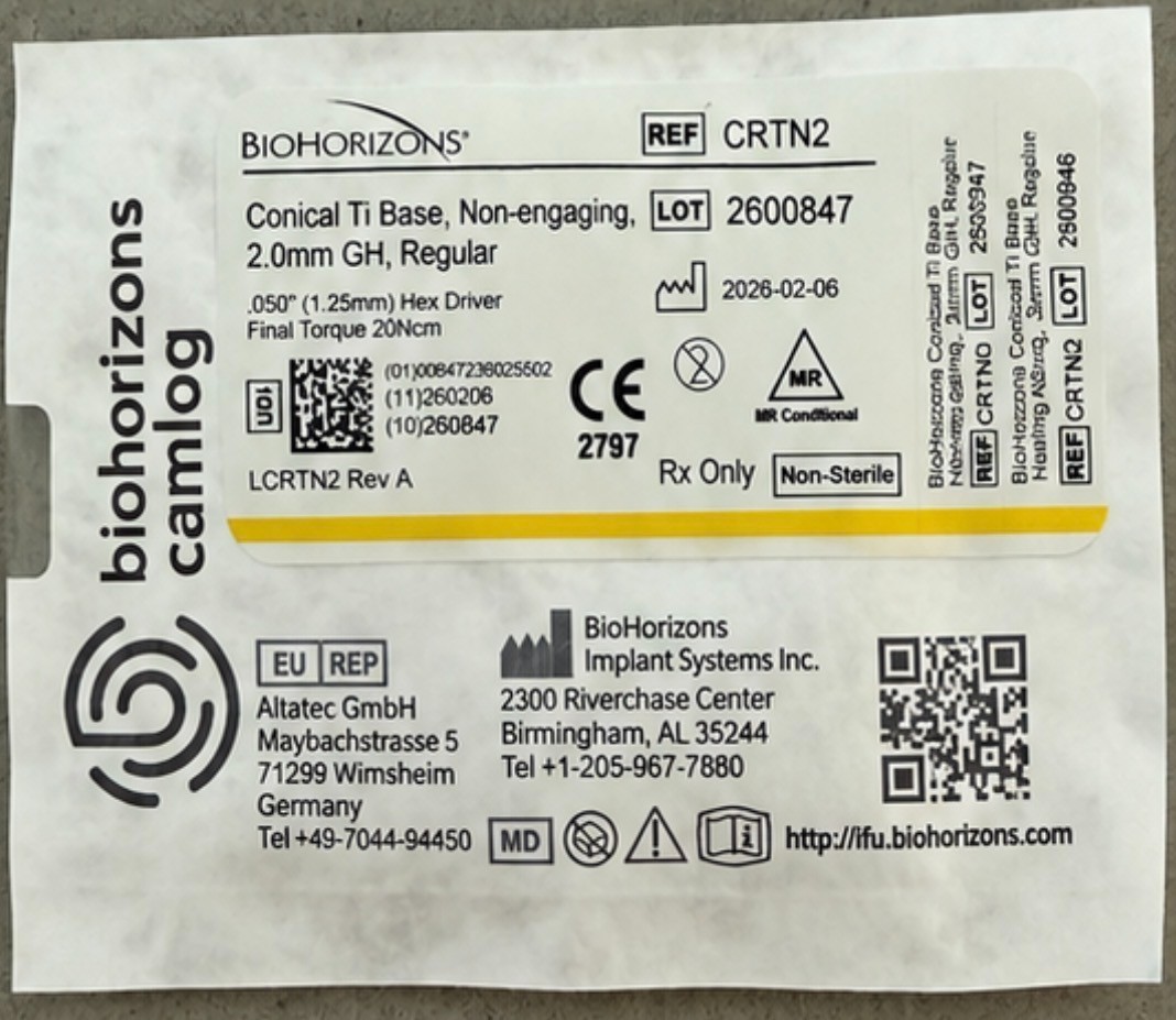 New BioHorizons Pro Conical Ti Base Non-Engaging 2.0mm Regular Tall Post