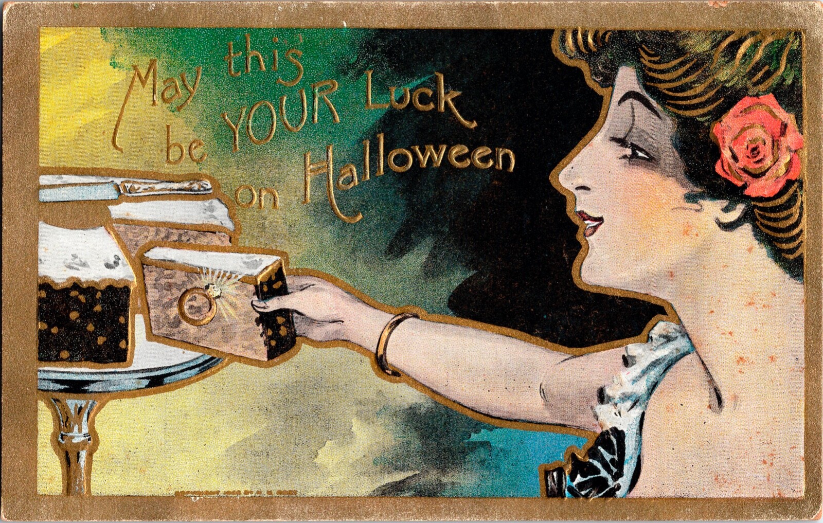 Vintage 1909 TRG Publisher Victorian Lady with Diamond Ring Halloween Postcard
