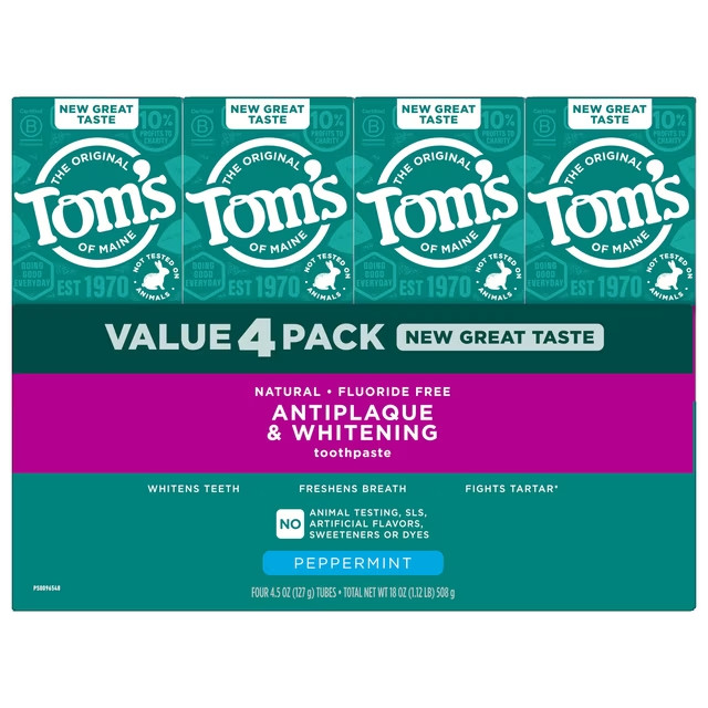4PK. Tom's of Maine Fluoride-Free Antiplaque & Whitening Toothpaste Peppermint