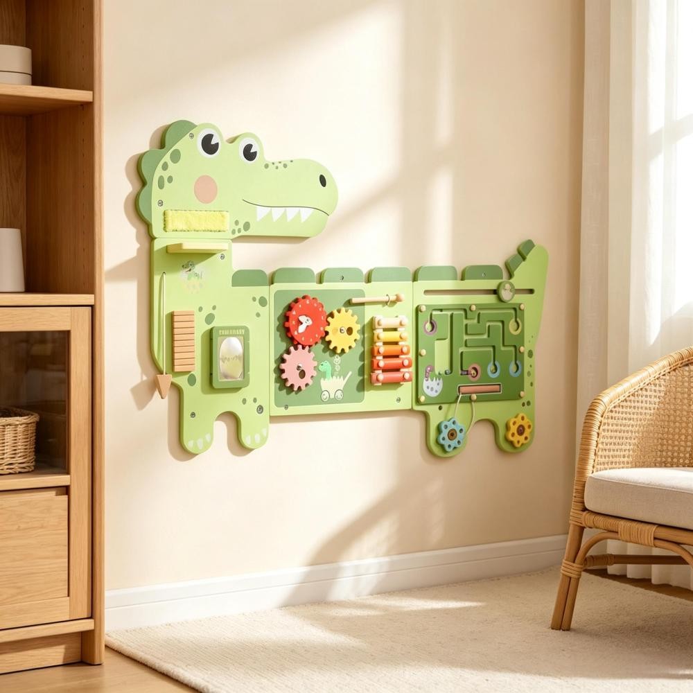 Dinosaur Activity Wall Busy Board - Wooden Sensory Wall Panel for Kid Montessori