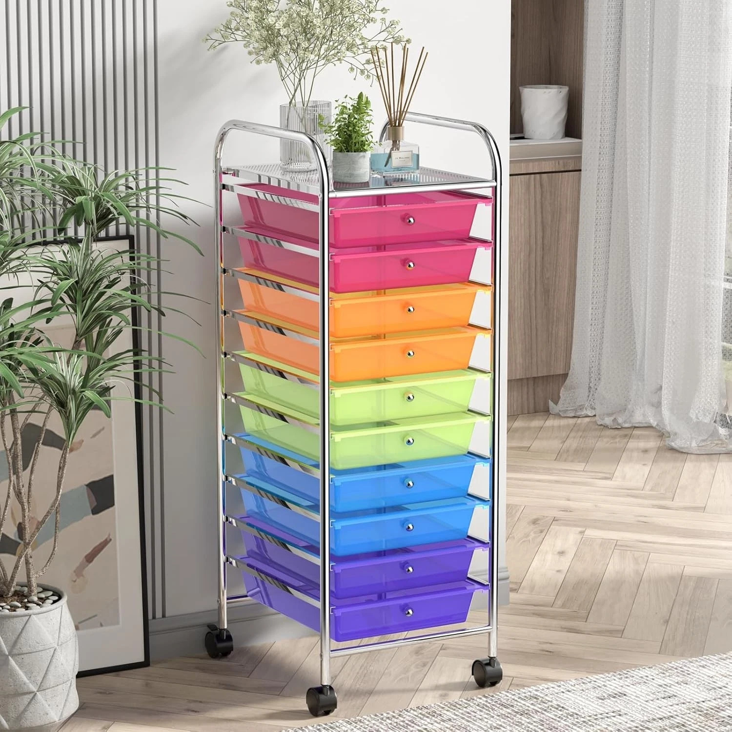 Storage Cart, Rolling Utility Cart with 10 Drawers, Portable Handles & Lockable