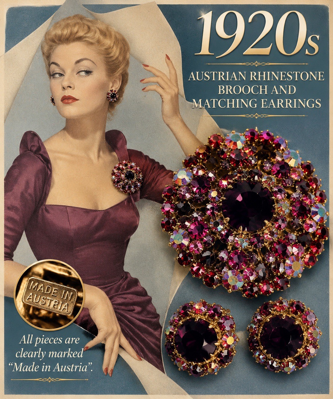 Rare Vintage Austrian Rhinestone Brooch & Matching Earrings Set — 1920s