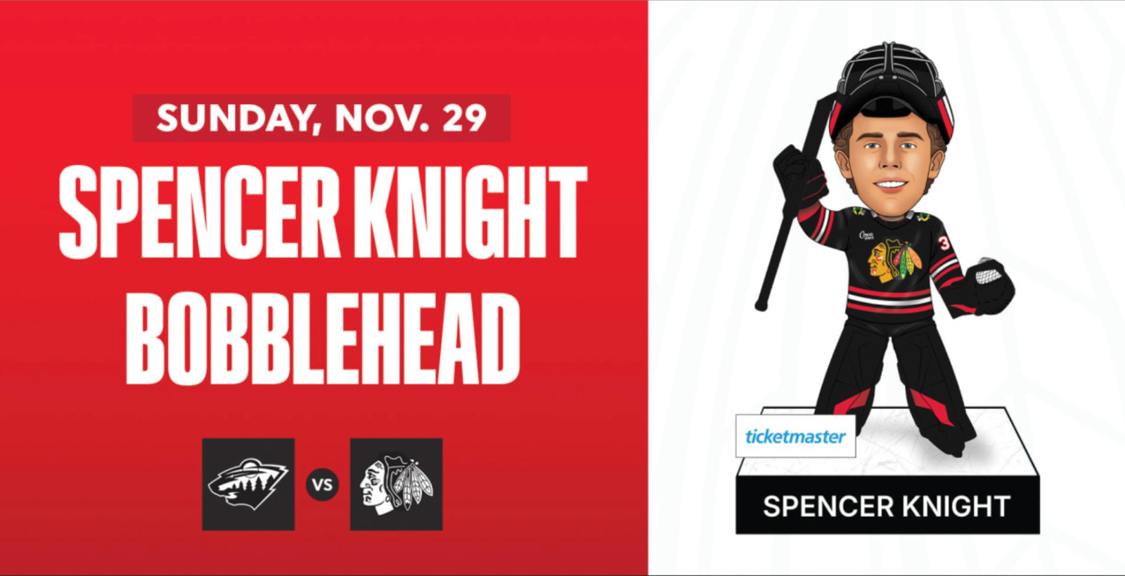 Spencer Knight Bobblehead Chicago Blackhawks Giveaway 11/29/26 SGA Presale New Spencer Knight Bobblehead Chicago Blackhawks Giveaway 11/29/26 SGA Presale New