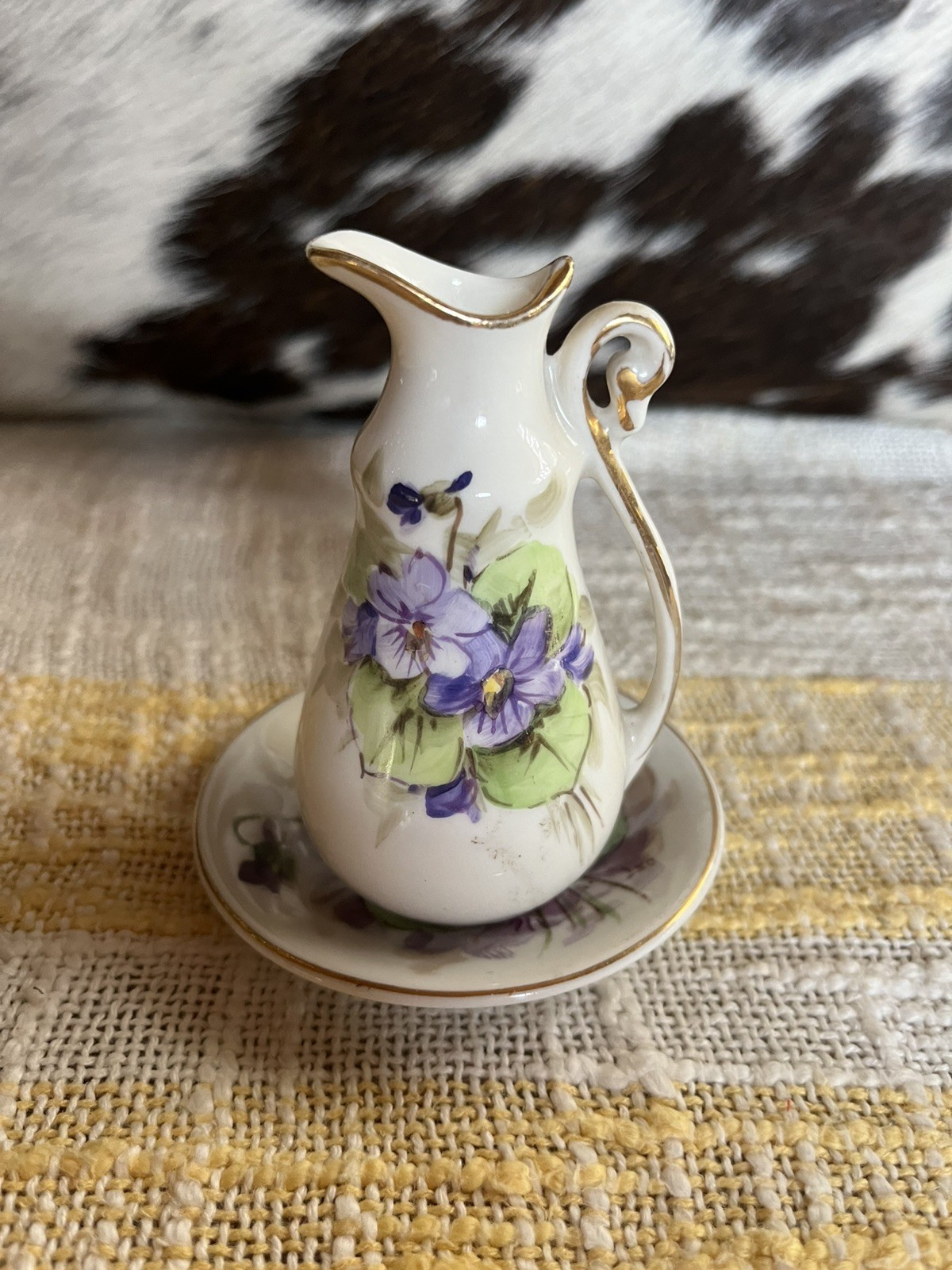 Vintage Hand Painted Weisley Ewer Vase Pitcher Ceramic Purple Flowers Spring Vintage Hand Painted Weisley Ewer Vase Pitcher Ceramic Purple Flowers Spring