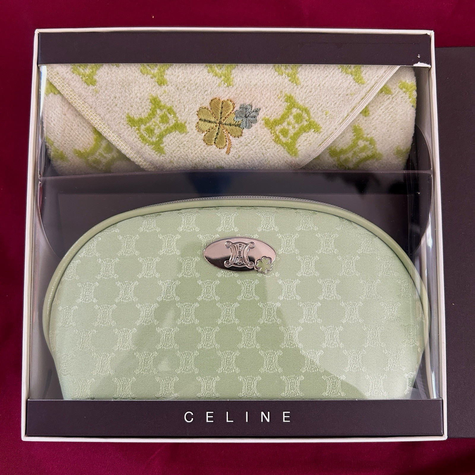 CELINE Macadam Green/White Monogram Zip Makeup Bag Pouch w/ Towel & Box CELINE Macadam Green/White Monogram Zip Makeup Bag Pouch w/ Towel & Box