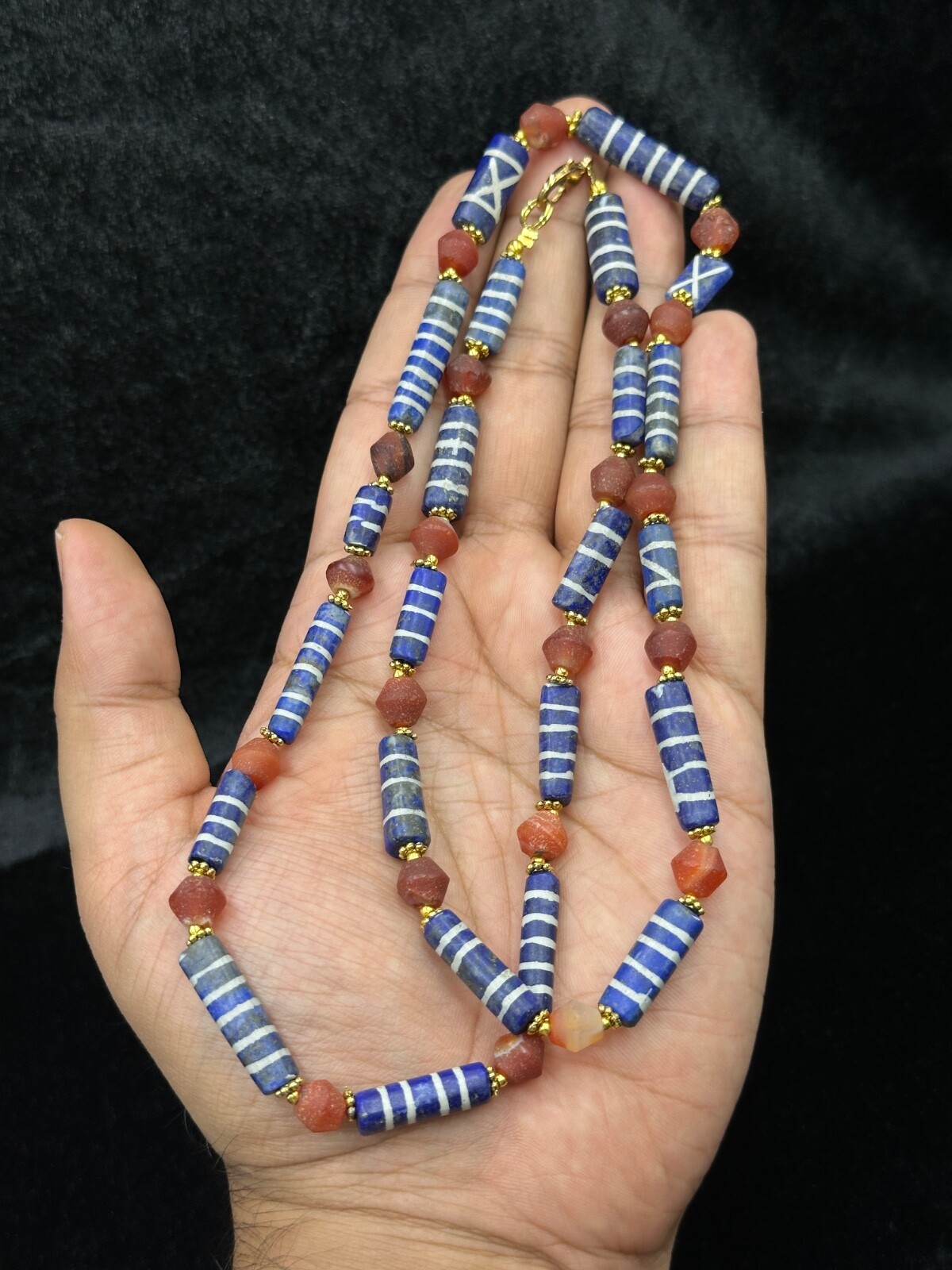 Rare Genuine Antique Etched Lapis Pyu Culture & Carnelian Stone Beaded Necklace Rare Genuine Antique Etched Lapis Pyu Culture & Carnelian Stone Beaded Necklace