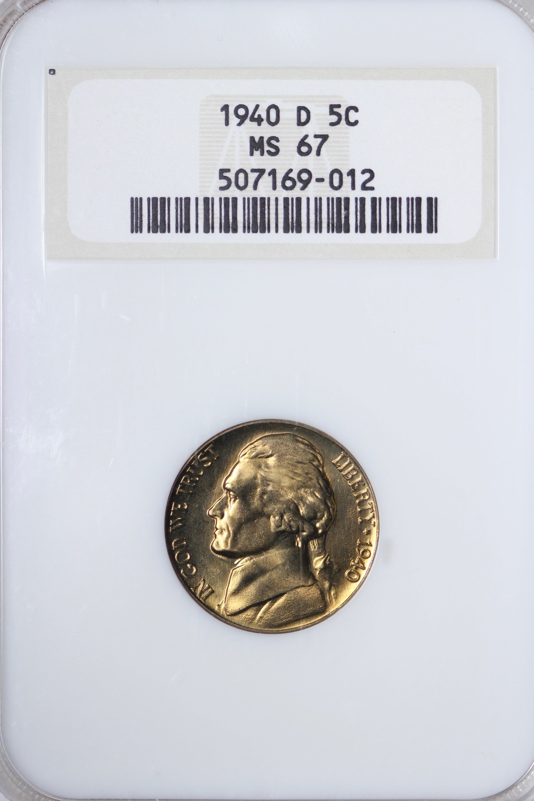 GEM++ BU 1940-D Jefferson Nickel NGC MS67 Old Fat Holder Golden Toned URLE