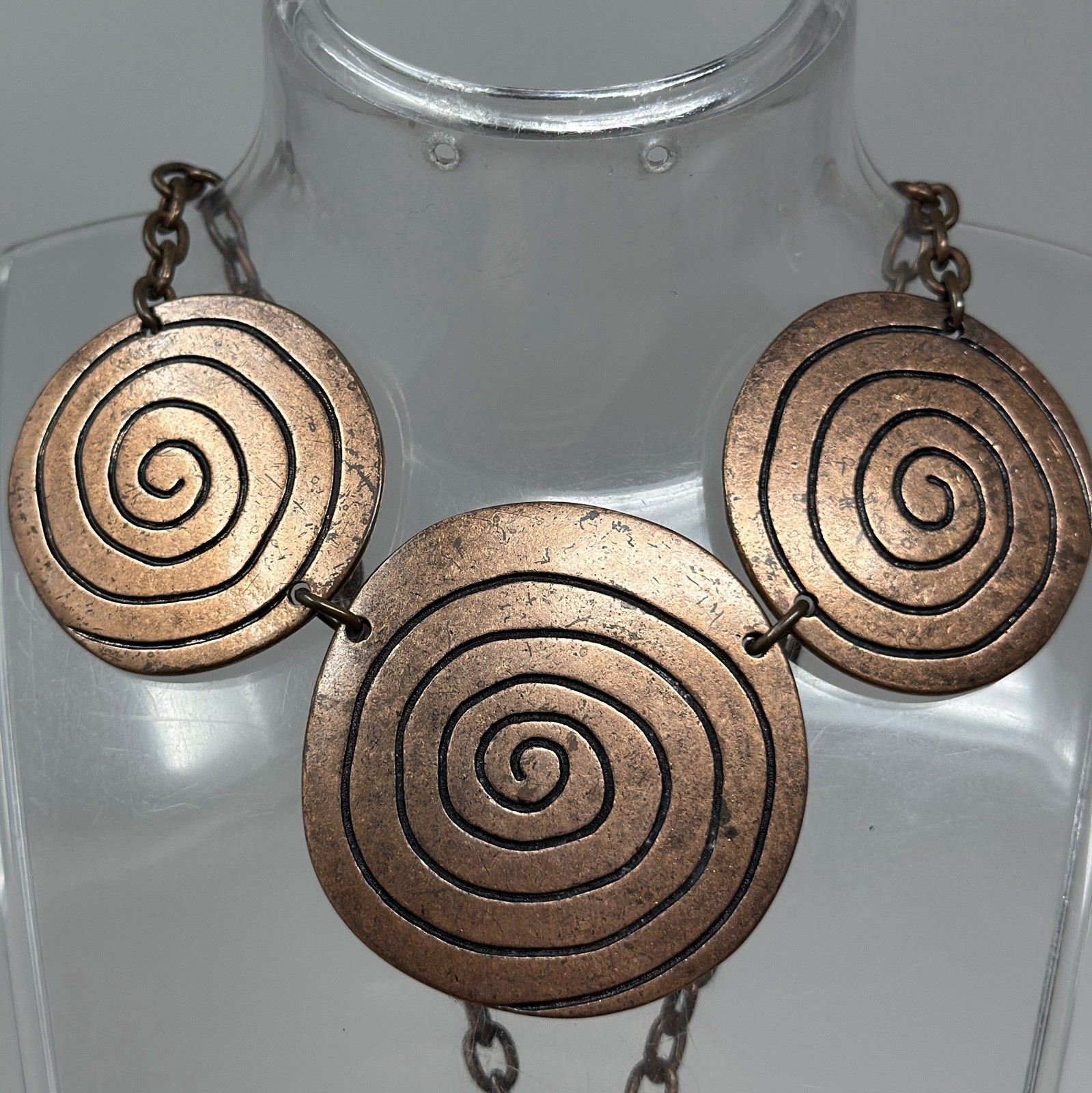 Vintage Hand Crafted Copper Spiral Bib Statement Necklace Artisan Hammered Swirl