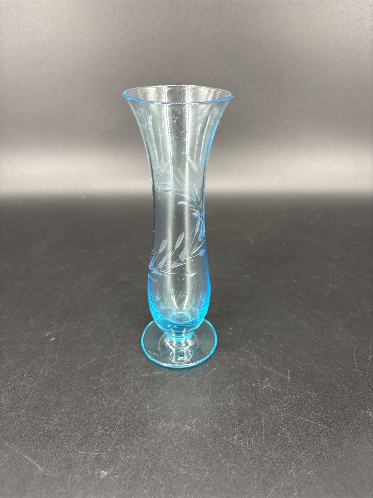 Vintage Aqua Blue Glass Bud Vase Small Footed Etched Design Vintage Aqua Blue Glass Bud Vase Small Footed Etched Design