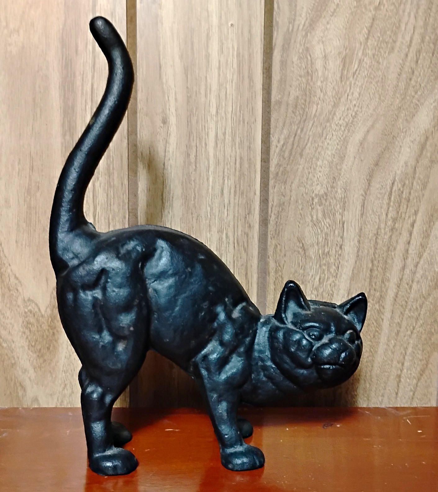 Vintage Black Cast Iron Cat Figurine Arched Back, Tail Up Door Stop Vintage Black Cast Iron Cat Figurine Arched Back, Tail Up Door Stop