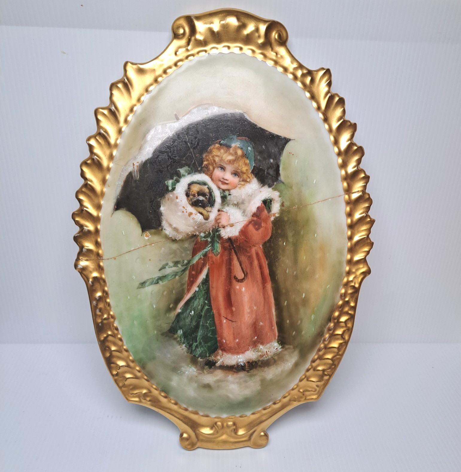 Antique Limoges Hand-Painted Wall Porcelain Plaque Girl Holding Dog 13.5x9.25 Antique Limoges Hand-Painted Wall Porcelain Plaque Girl Holding Dog 13.5x9.25
