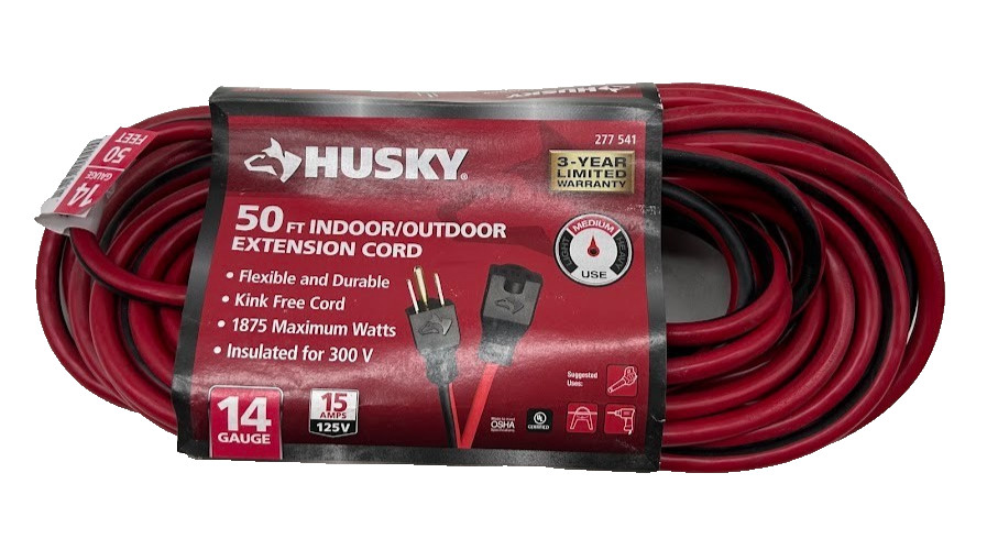 Husky 50 ft. 14/3 Medium Duty Indoor/Outdoor Extension Cord, Red/Black
