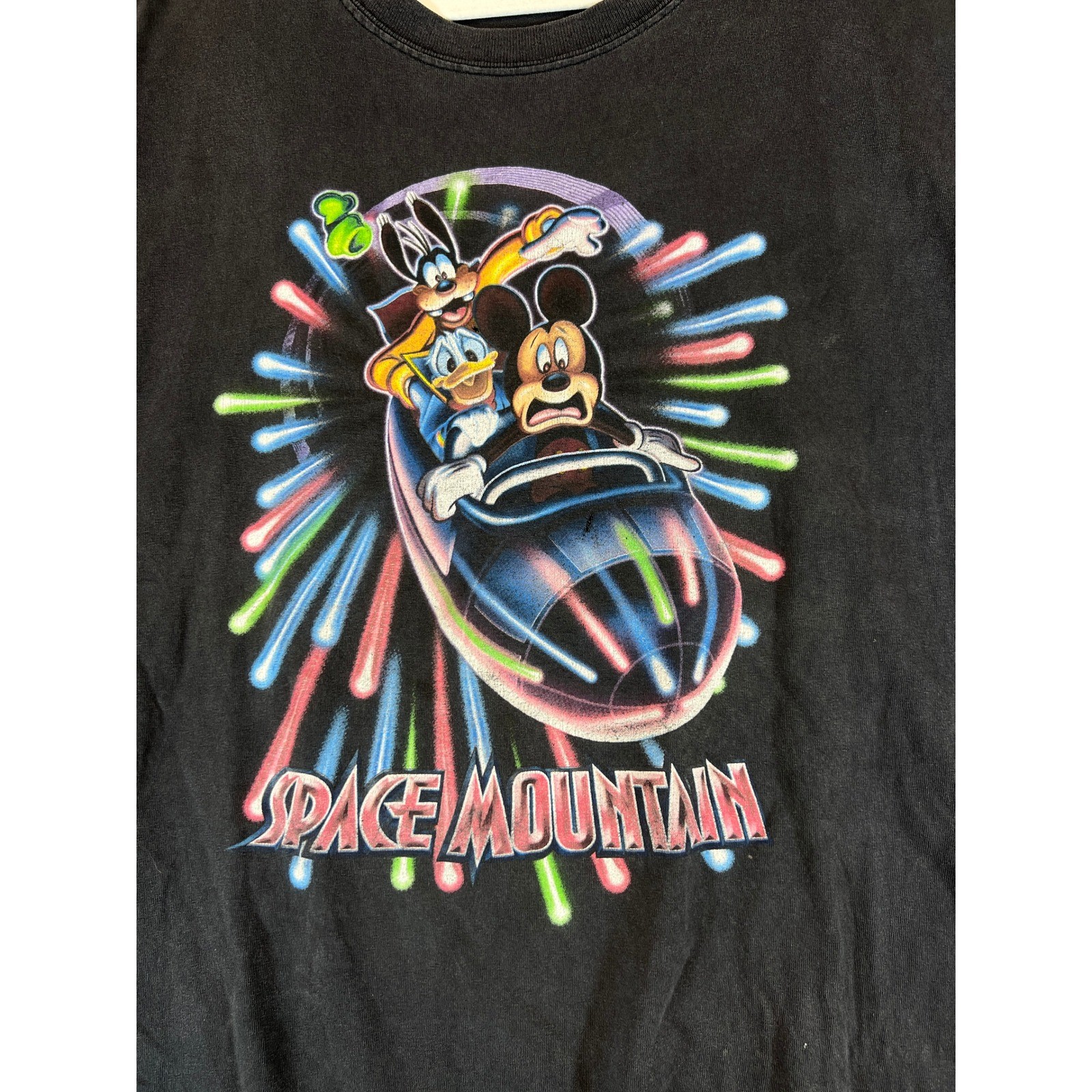 Vintage Disney Space Mountain T-Shirt Black Mickey Donald Goofy 90s Faded XL