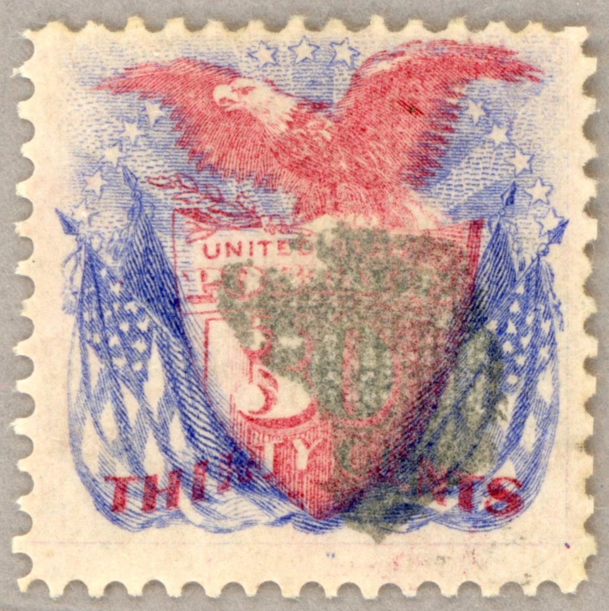 US Scott#121 VF Jumbo 1869 30c Pictorial Shield & Eagle, a beauty w/no faults