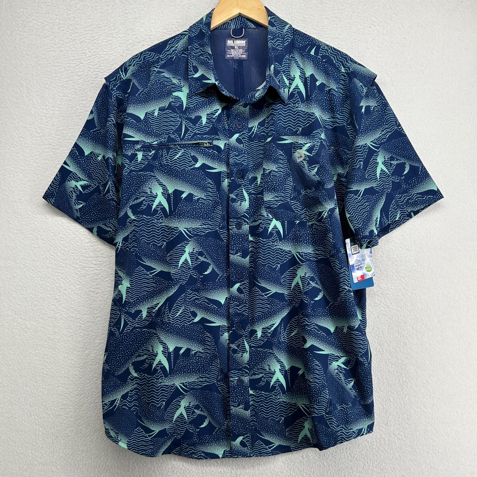 REEL LEGENDS Shirt Mens XL Saltwater II Fish AOP Vented Mesh Lined Blue NEW TAGS