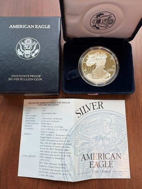 1996-P Proof American Silver Eagle 1 oz .999 Fine Silver w/ Box & COA OGP