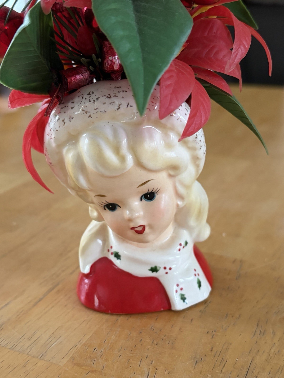 Vintage Inarco Girl Head Vase MINI Christmas Blonde Santa Hat