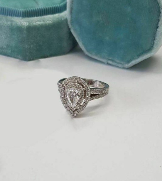 14K White Gold 2.15CT Pear Cut Lab-Created Halo Diamond Anniversary Gift Ring