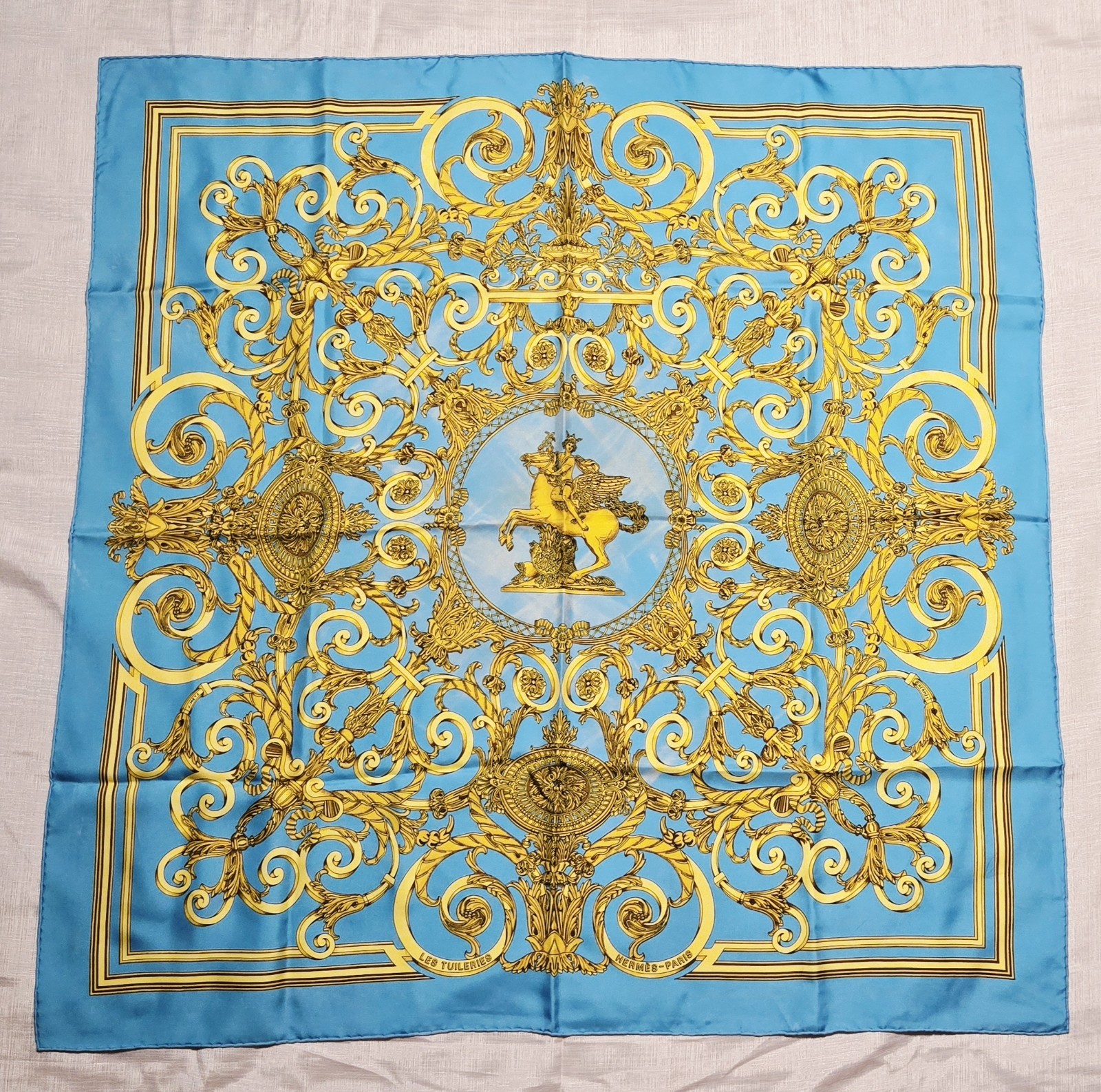 Hermes Les Tuileries Carre 90cm Silk Scarf Blue And Gold Hermes Les Tuileries Carre 90cm Silk Scarf Blue And Gold