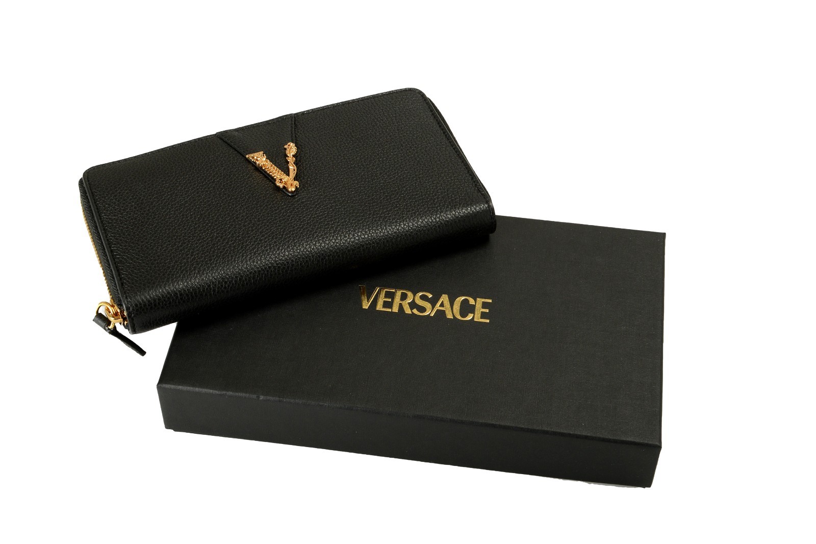 Versace Women\'s Black 100% Grainy Leather Gold V-Logo Zip Around Wallet
