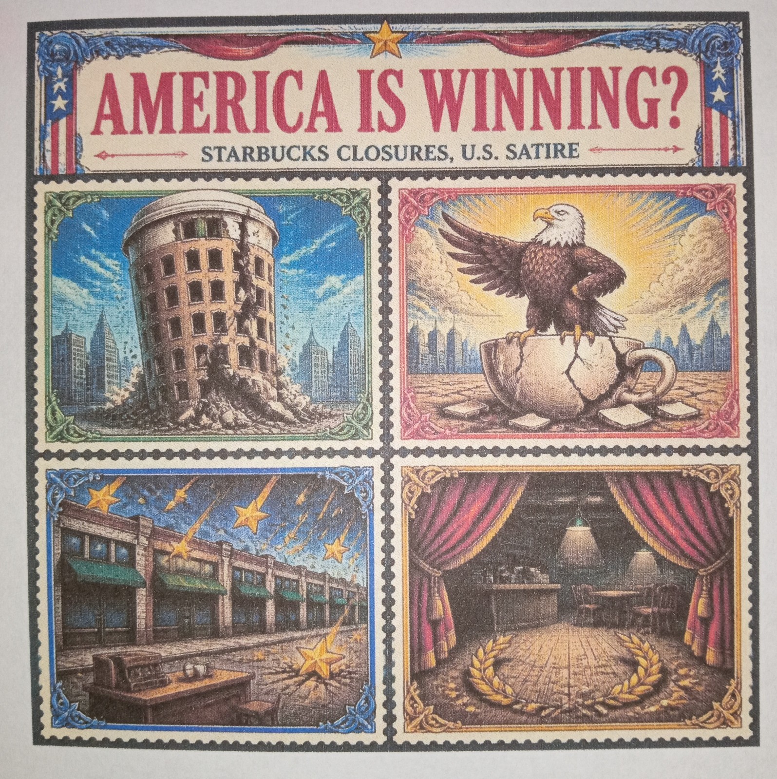 America is Winning, Starbucks Closures, U.S. Satire, 4 Artistamps, Cinderella