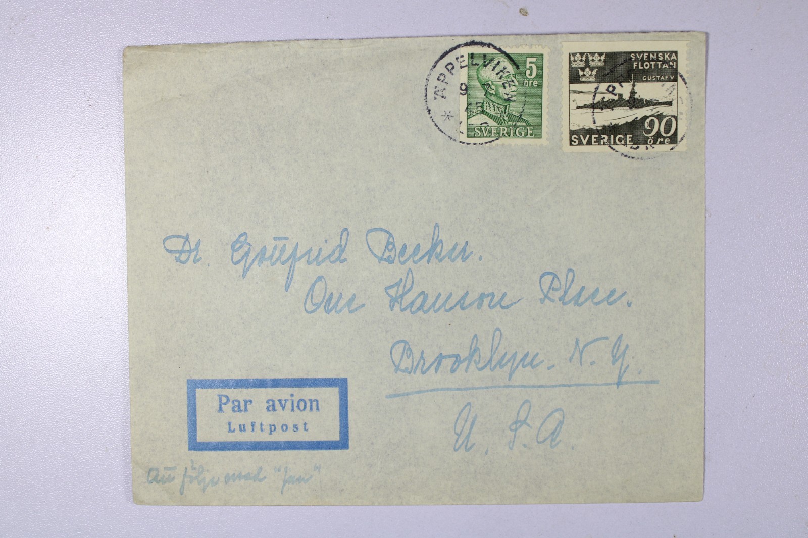 Sweden 1945 Äppelviken Airmail Cover to USA - D1060 Sweden 1945 Äppelviken Airmail Cover to USA - D1060