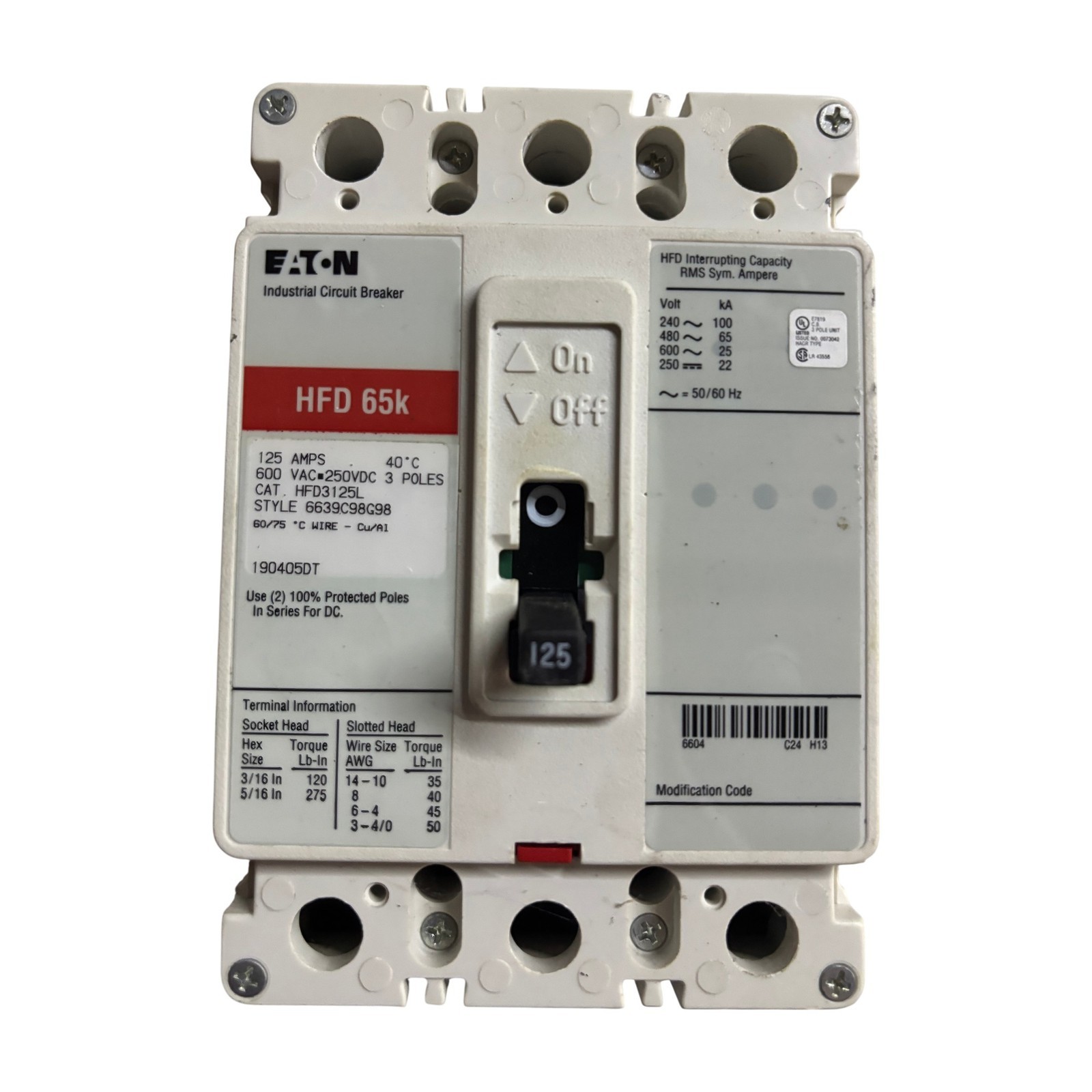 Eaton HFD3125L 125A 3-Pole 600V Industrial Circuit Breaker HFD 65k Eaton HFD3125L 125A 3-Pole 600V Industrial Circuit Breaker HFD 65k
