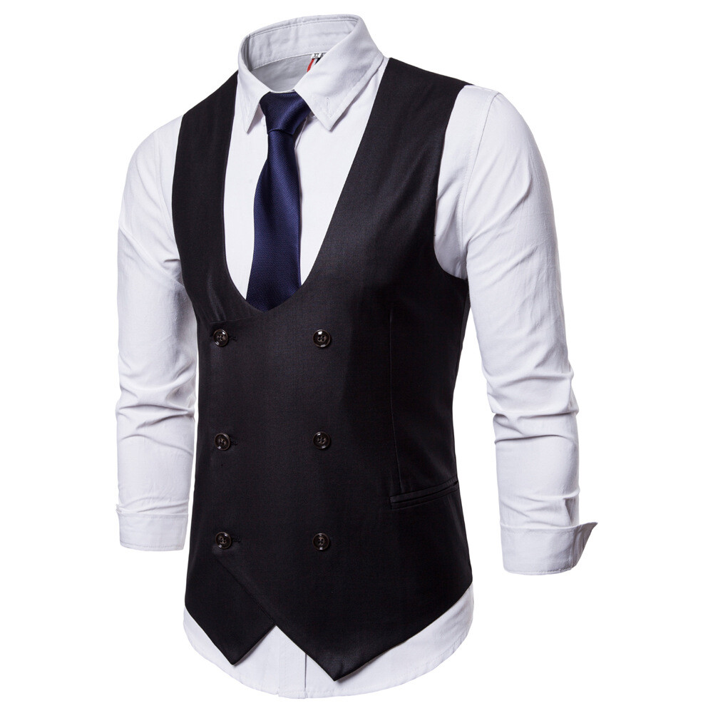 Occident Men\'s Double-breasted Waistcoat Temperament U-shaped Neck Vest Jacket