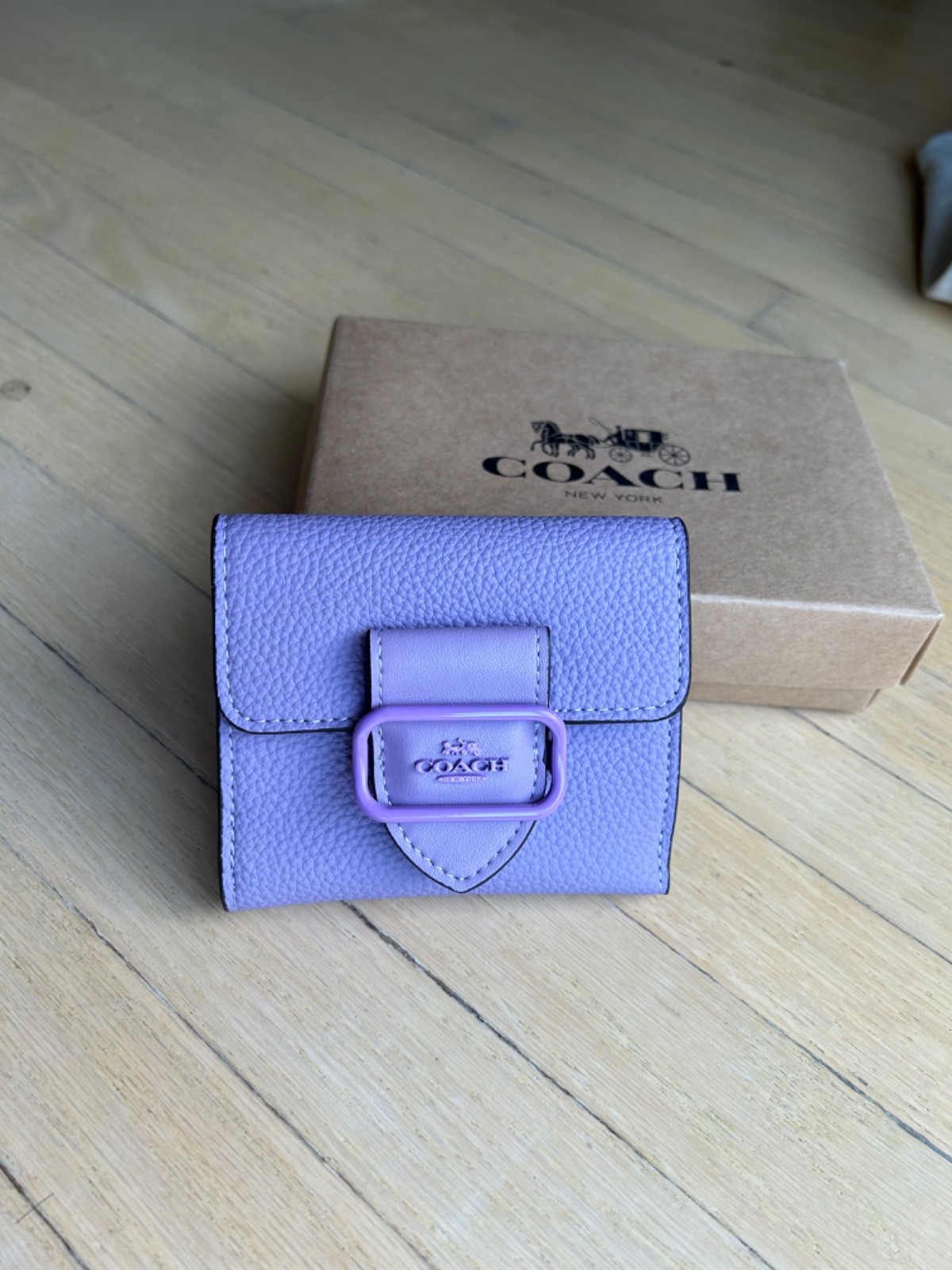 COACH Purple Pebbled Leather Compact Snap Wallet with Buckle Accent & Box COACH Purple Pebbled Leather Compact Snap Wallet with Buckle Accent & Box