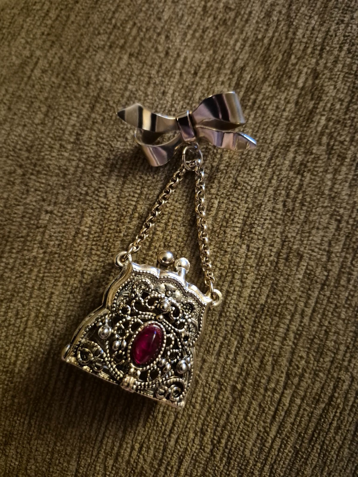 Vintage Victorian Revival Filigree Purse Brooch Double Sided Ruby Red Glass