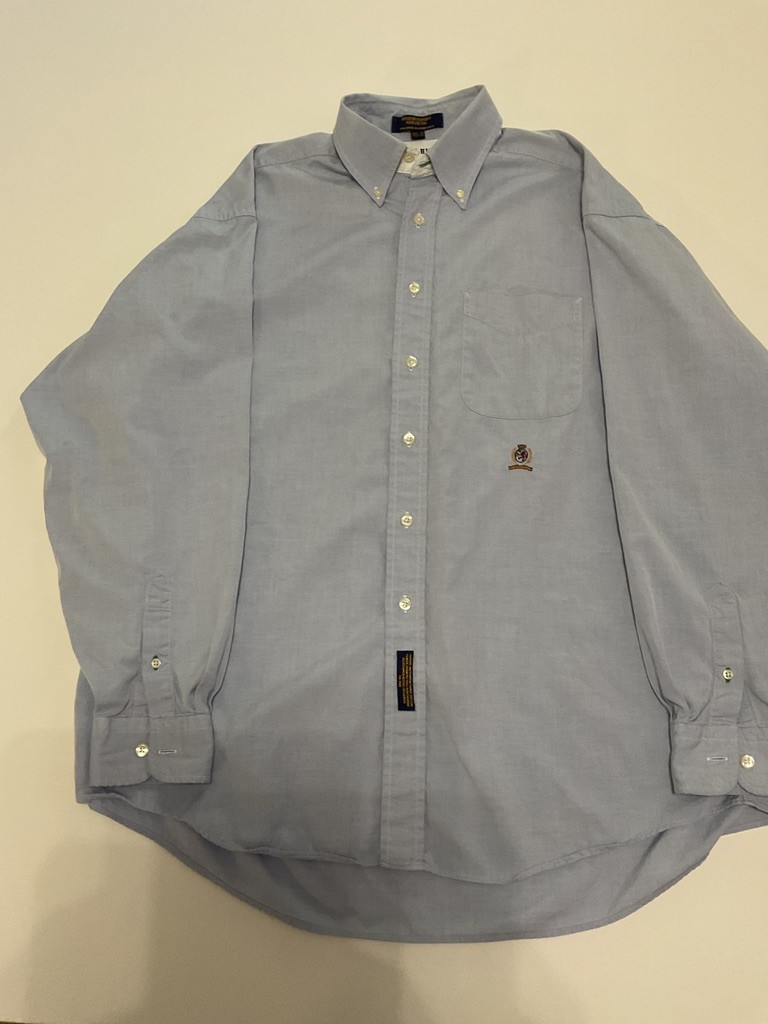 Vintage 90s Tommy Hilfiger Crest Mens Button Down Shirt 16.5 35 Blue Pinpoint