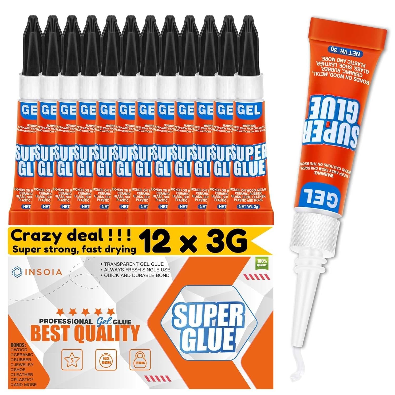 12-Pack Super Glue Gel Clear � 3g Strong Non-Drip Adhesive for Plastic Metal 12-Pack Super Glue Gel Clear � 3g Strong Non-Drip Adhesive for Plastic Metal