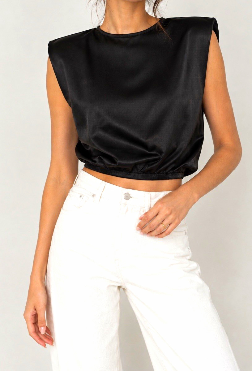 ZARA Women’s XS Black Satin Cropped Sleeveless Blouse Round Neck Shoulder Pads