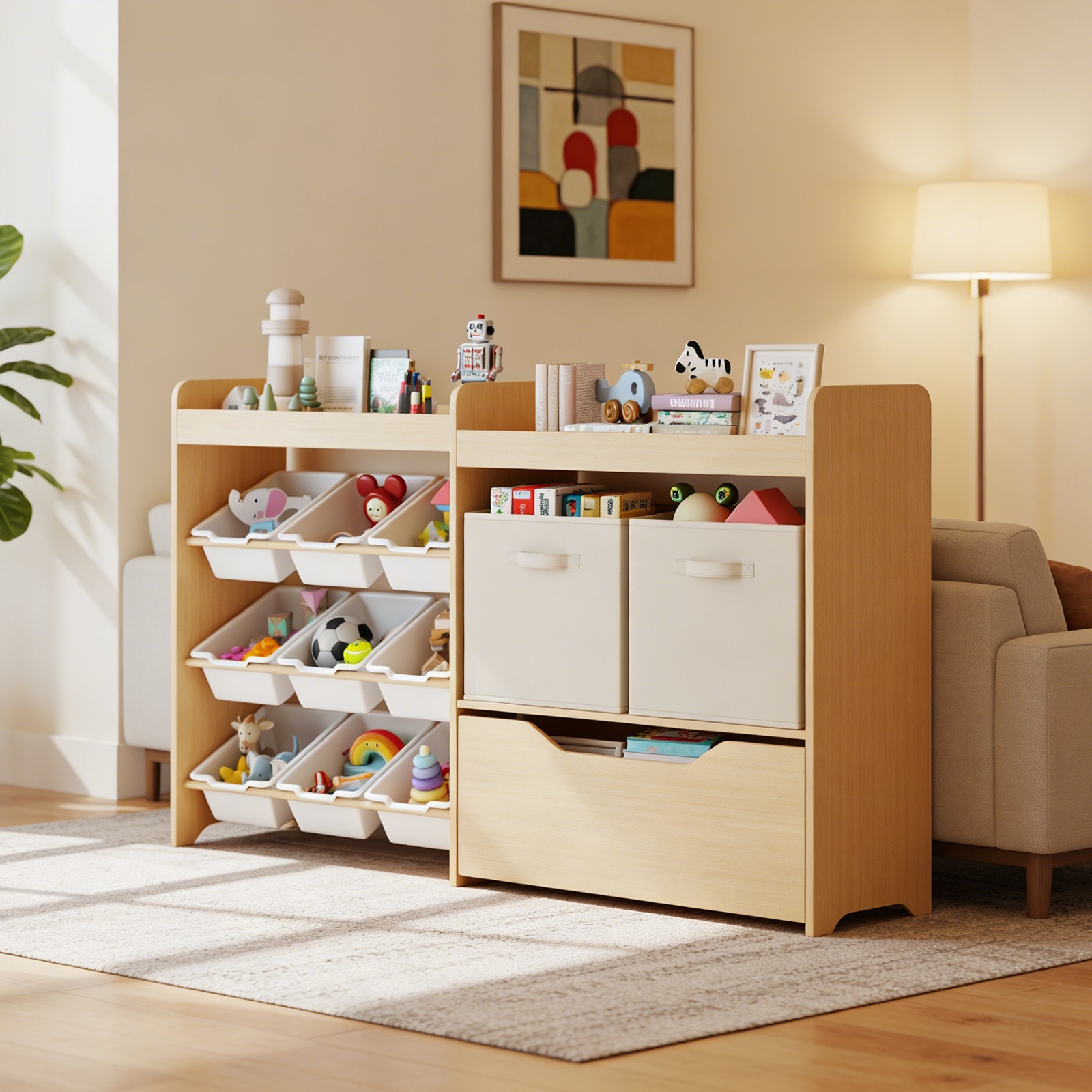 Kids Wooden Toy Storage Organizer with Bookshelf, Movable Drawer, Bins