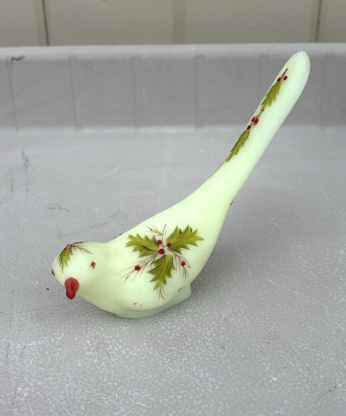 Fenton Art Glass Bird of Happiness Custard Satin Holly & Berries Sticker Signed