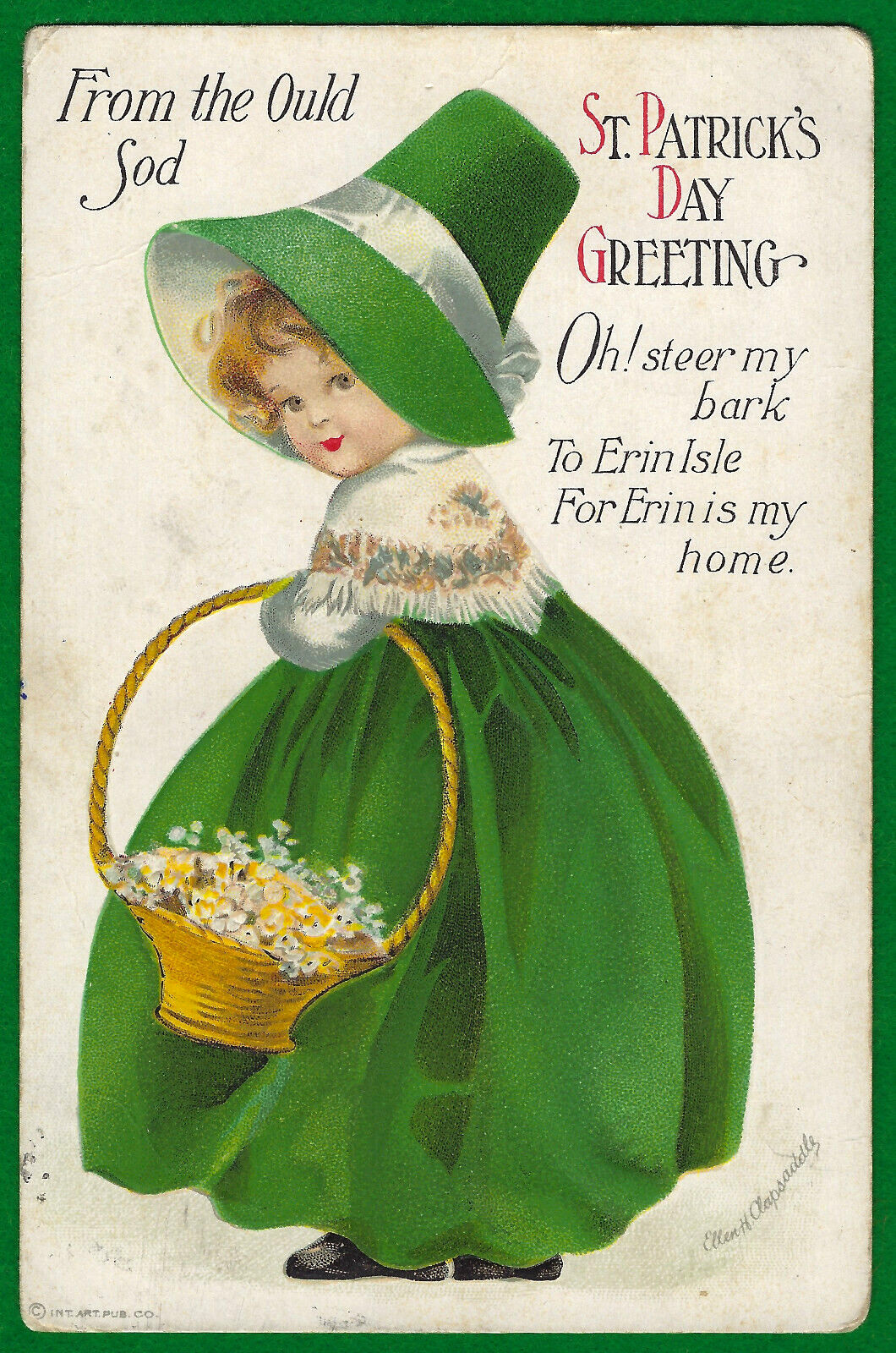 Vtg Clapsaddle St Patricks Day Irish Bonnet Girl Handle Basket A/S Emb PC c1915
