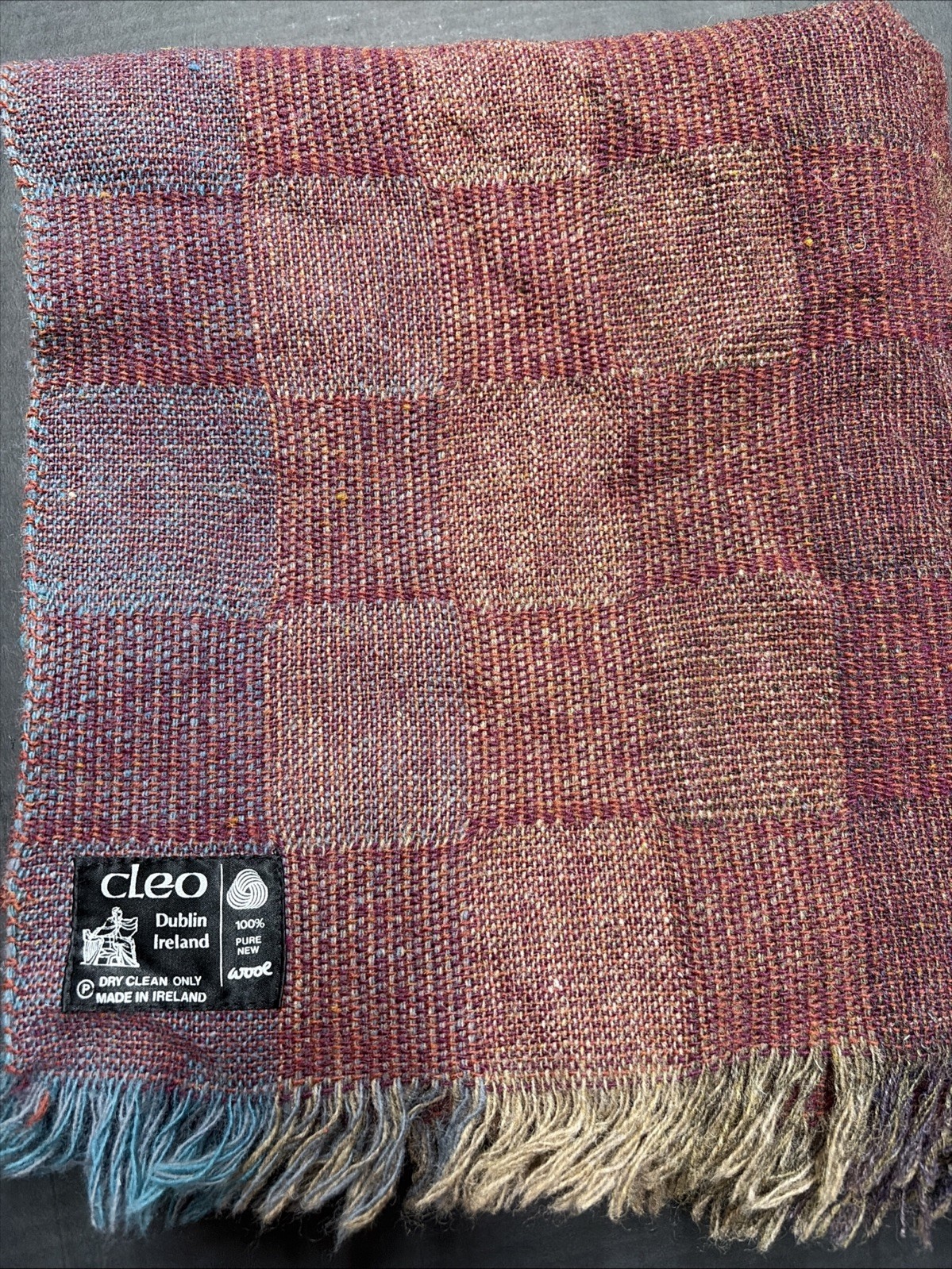 CLEO Dublin Ireland 100% Irish Wool Plaid Blanket Throw Burgundy  50 X 56 NWOT