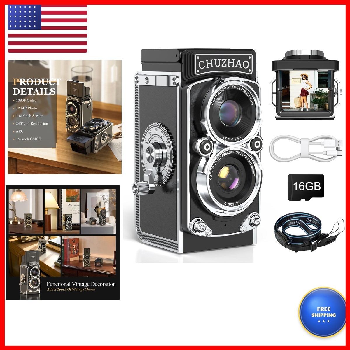 CHUZHAO Digital Camera Retro Vintage TLR 12MP 1080P FHD Video Auto Focus - Black CHUZHAO Digital Camera Retro Vintage TLR 12MP 1080P FHD Video Auto Focus - Black