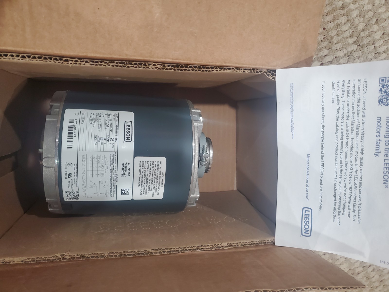 LEESON Carbonator PUMP MoTor #5KH32GNB811X 1/3HP 120/240V, 1725 RPM, 48Y NEW 