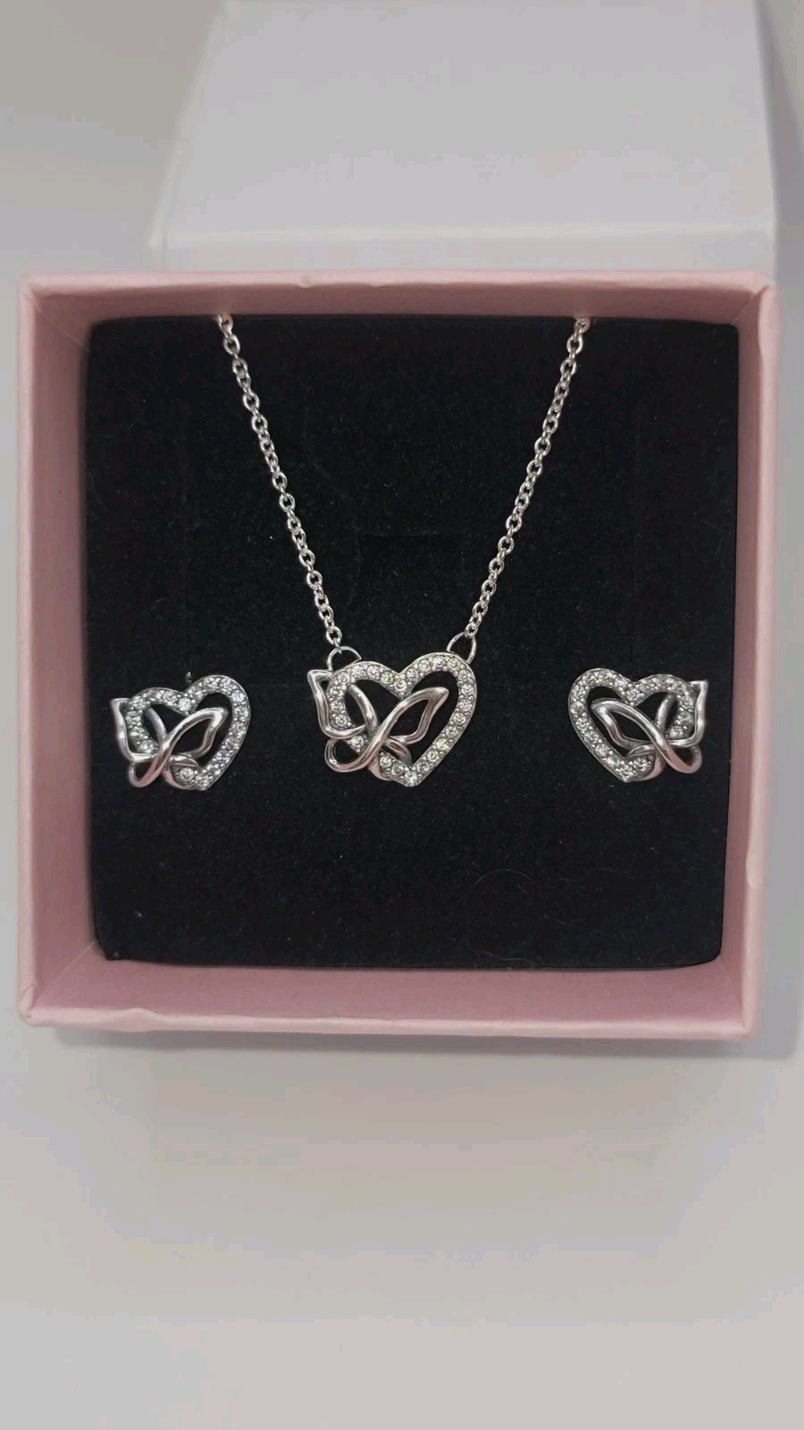 NEW PANDORA 925 Entwined Heart & Butterfly Earrings Necklace Set w/ Box