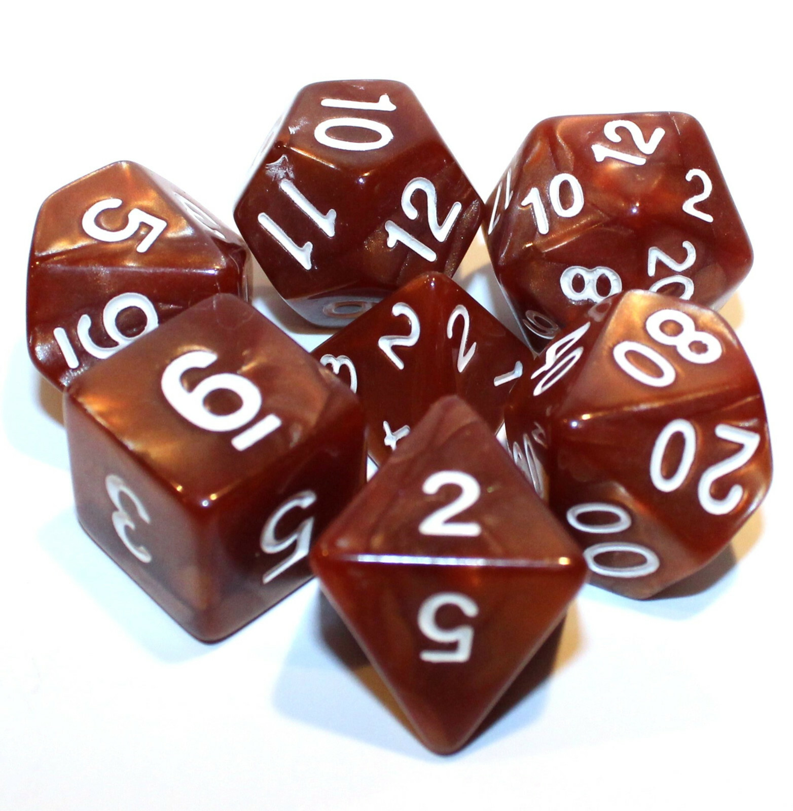 7 Piece Brown Marble Polyhedral Dice Set w/ Brown Bag – Copper Blaze 7 Piece Brown Marble Polyhedral Dice Set w/ Brown Bag – Copper Blaze