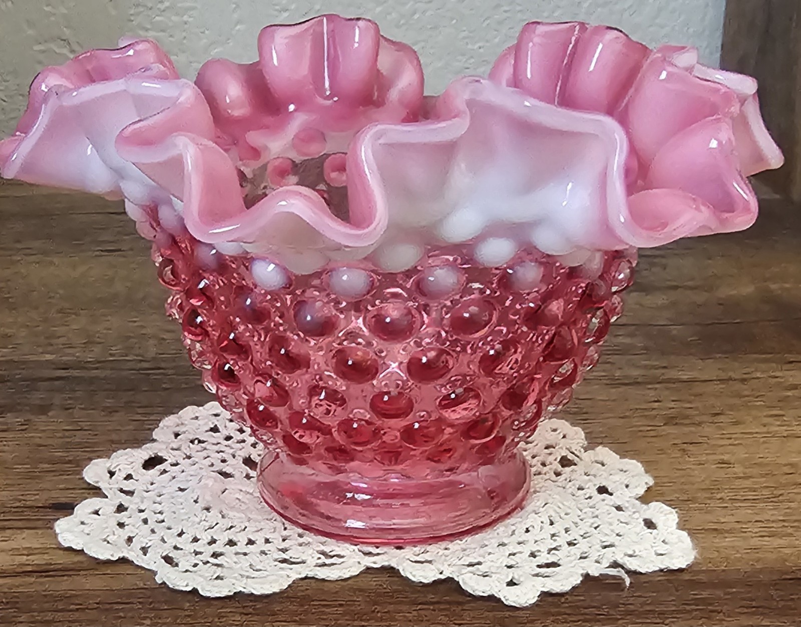 Vintage Fenton Cranberry Hobnail Double Crimped Ruffled Glass Bowl/Vase Vintage Fenton Cranberry Hobnail Double Crimped Ruffled Glass Bowl/Vase