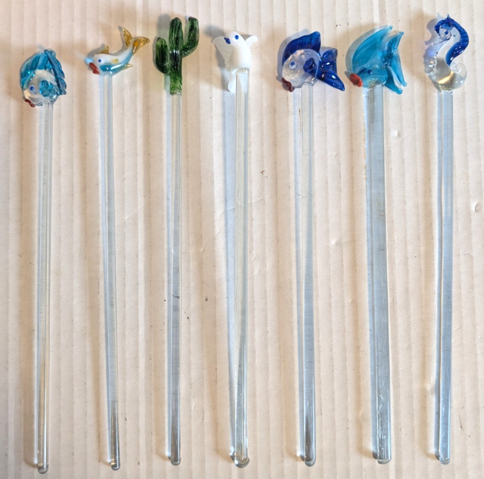 Vintage Blown Glass Tropical Swizzle Sticks Cocktail Stirrers - Set of 7 Vintage Blown Glass Tropical Swizzle Sticks Cocktail Stirrers - Set of 7