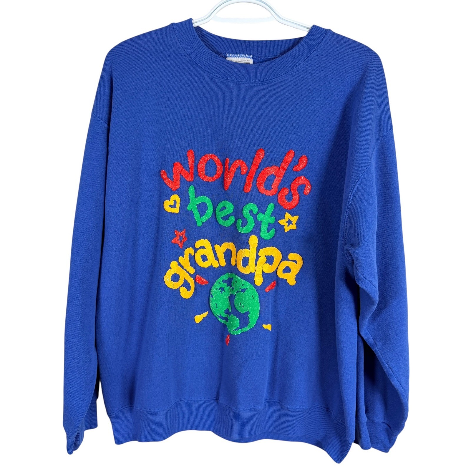 Vintage 90s Tultex Worlds Best Grandpa Puff Paint Sweatshirt Mens L Blue USA